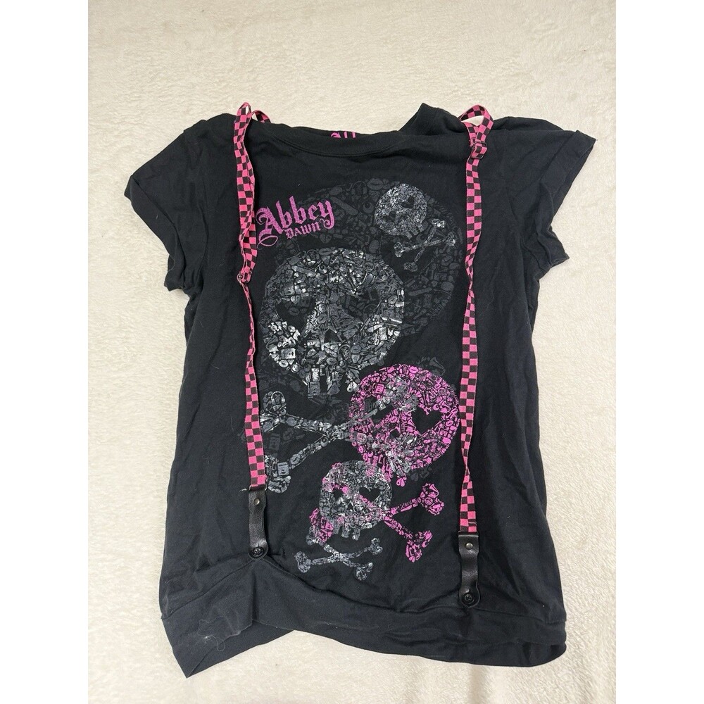 Y2K Abbey Dawn by Avril Lavigne Pink &‎ Black  Checkered Skull T-Shirt suspender
